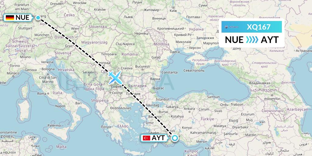 XQ167 SunExpress Flight Map: Nurnberg to Antalya
