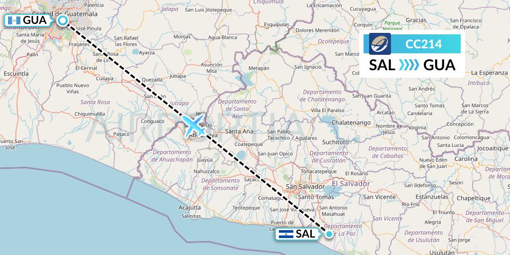CC214 CM Airlines Flight Map: San Salvador to Guatemala City