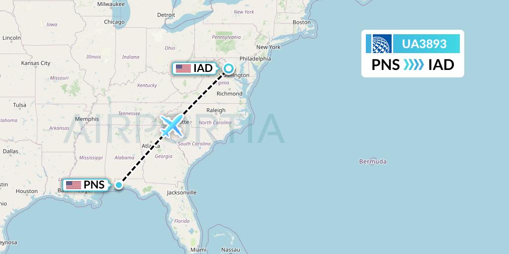 UA3893 United Airlines Flight Map: Pensacola to Washington