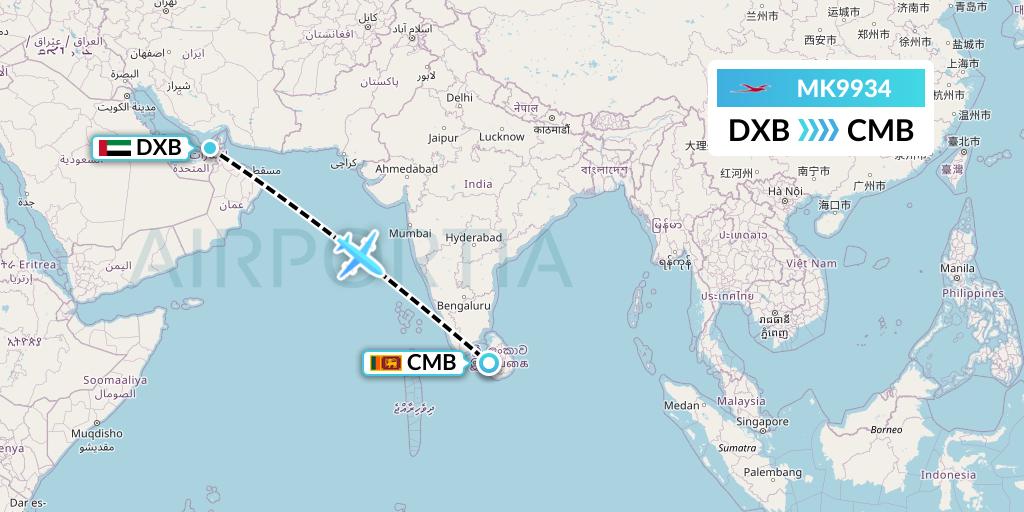 MK9934 Air Mauritius Flight Map: Dubai to Colombo