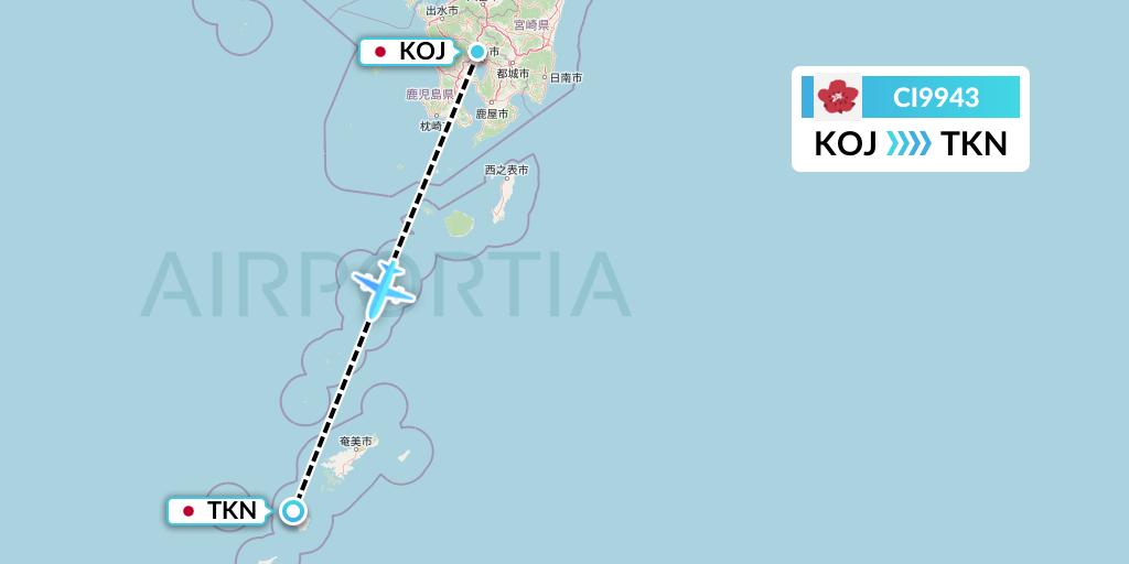 CI9943 China Airlines Flight Map: Kagoshima to Tokunoshima