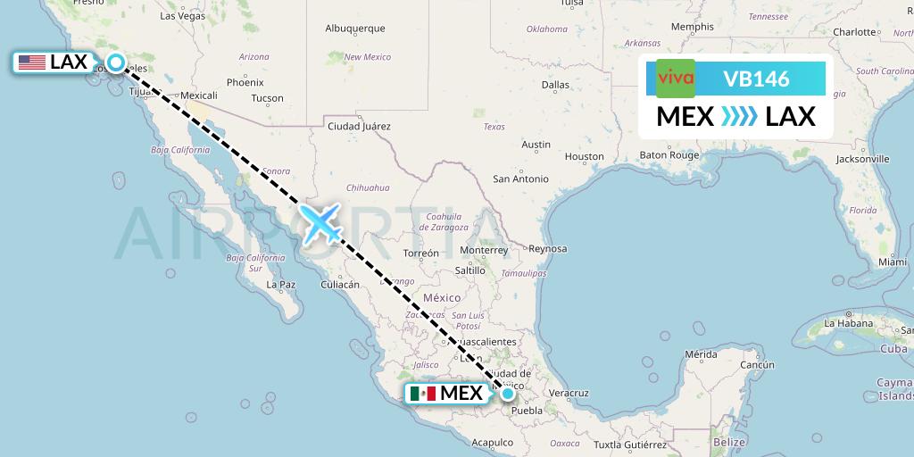 VB146 VivaAerobus Flight Map: Mexico City to Los Angeles
