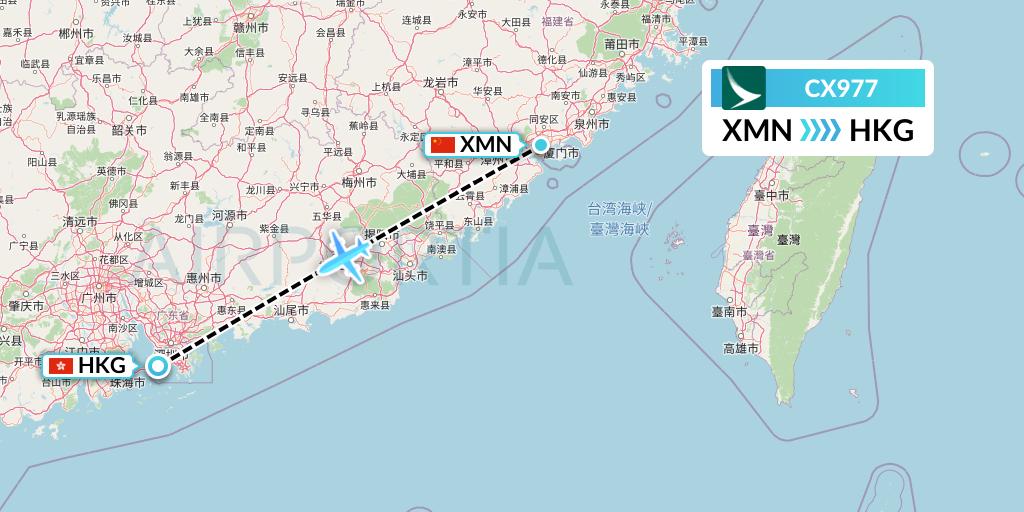 CX977 Cathay Pacific Flight Map: Xiamen to Hong Kong