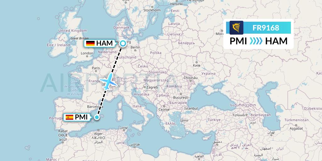 FR9168 Ryanair Flight Map: Palma de Mallorca to Hamburg
