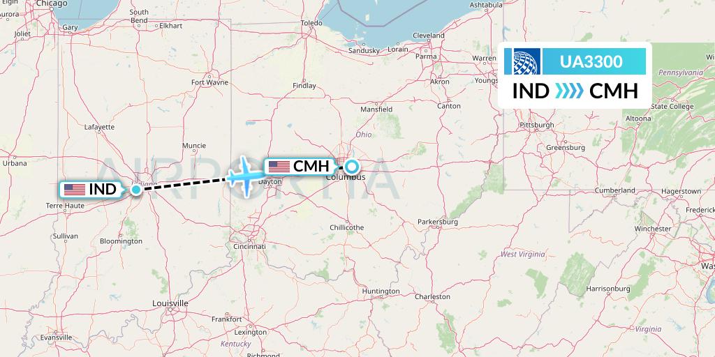 UA3300 United Airlines Flight Map: Indianapolis to Columbus
