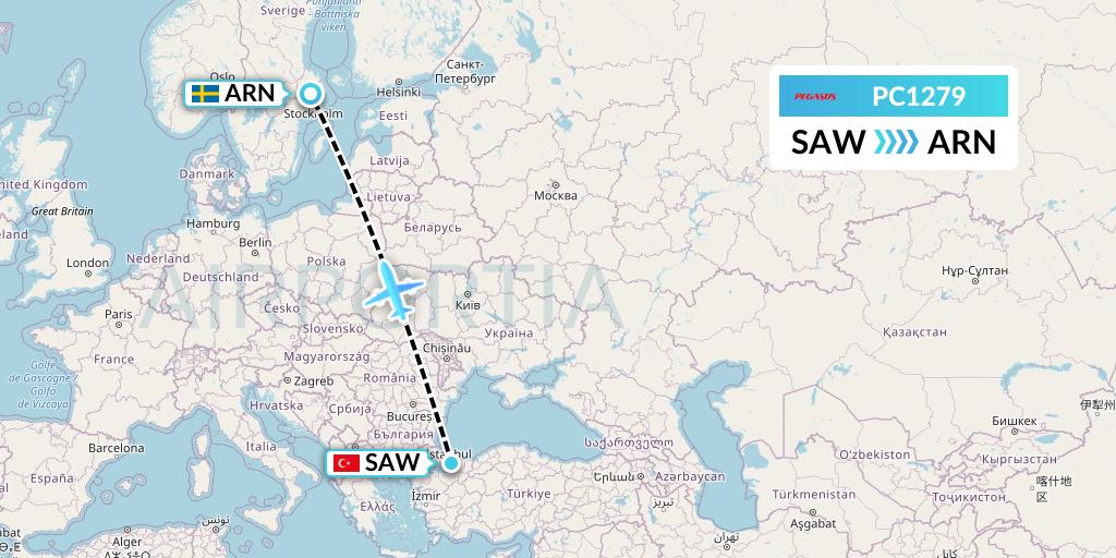 PC1279 Pegasus Airlines Flight Map: Istanbul to Stockholm