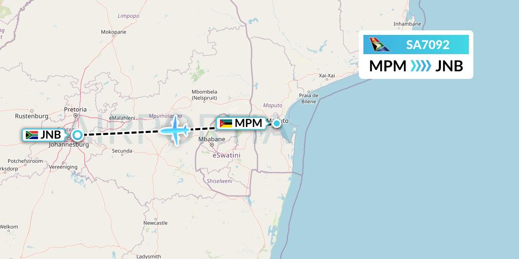 SA7092 South African Airways Flight Map: Maputo to Johannesburg