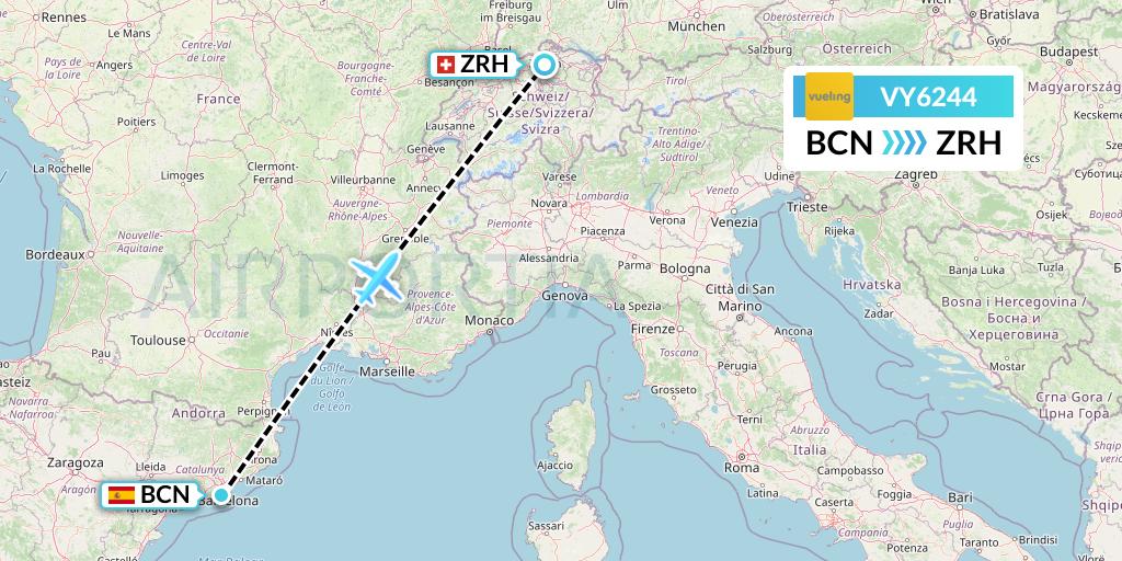 VY6244 Vueling Flight Map: Barcelona to Zurich
