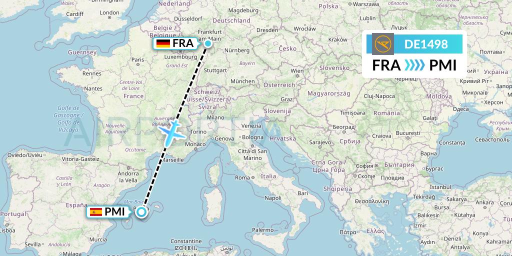 DE1498 Condor Flight Map: Frankfurt to Palma de Mallorca