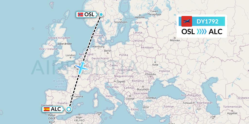 DY1792 Norwegian Flight Map: Oslo to Alicante