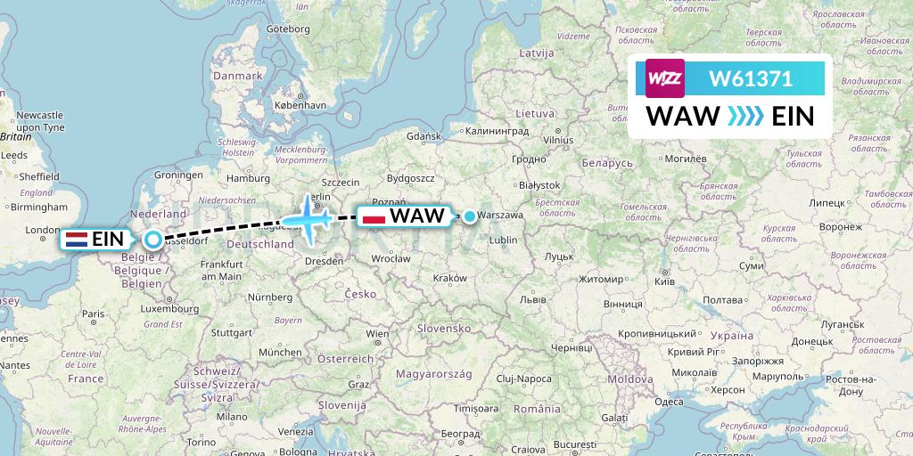 W61371 Wizz Air Flight Map: Warsaw to Eindhoven