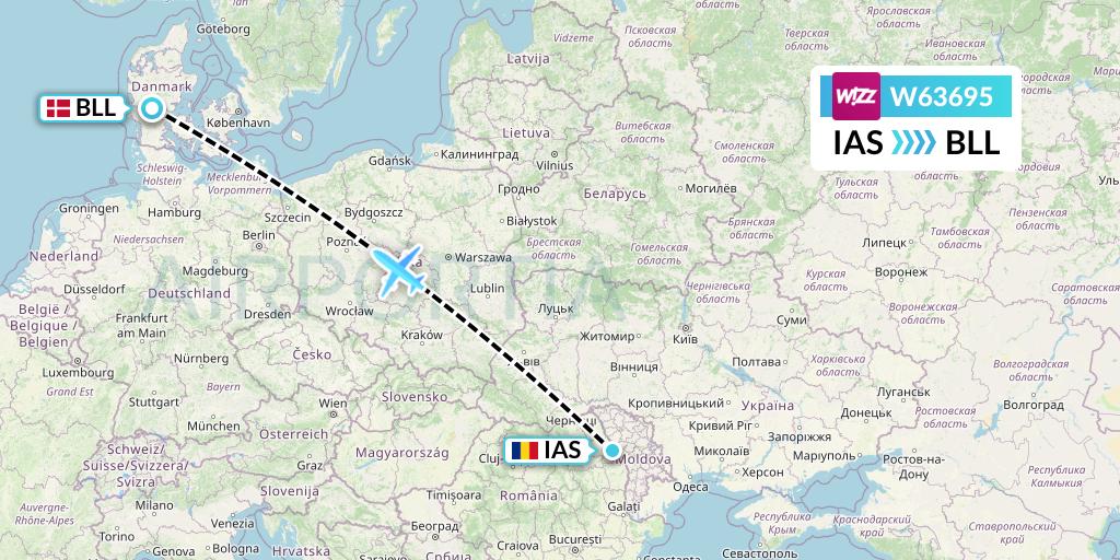 W63695 Wizz Air Flight Map: Iasi to Billund