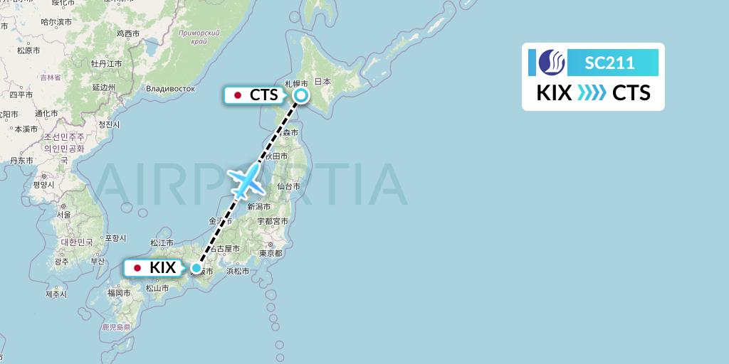 SC211 Shandong Airlines Flight Map: Osaka to Sapporo