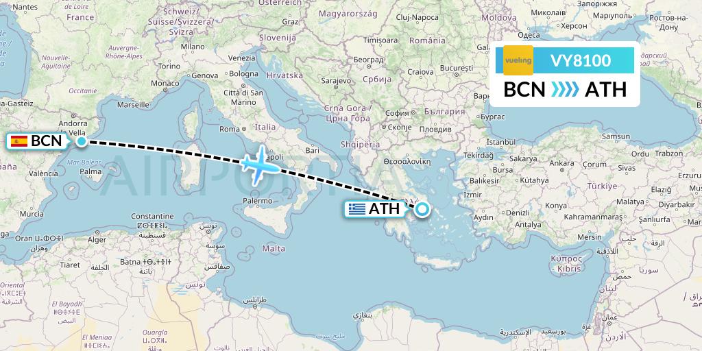 VY8100 Vueling Flight Map: Barcelona to Athens