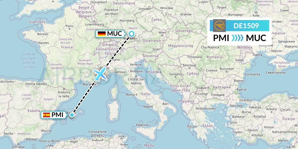 DE1509 Condor Flight Map: Palma de Mallorca to Munich