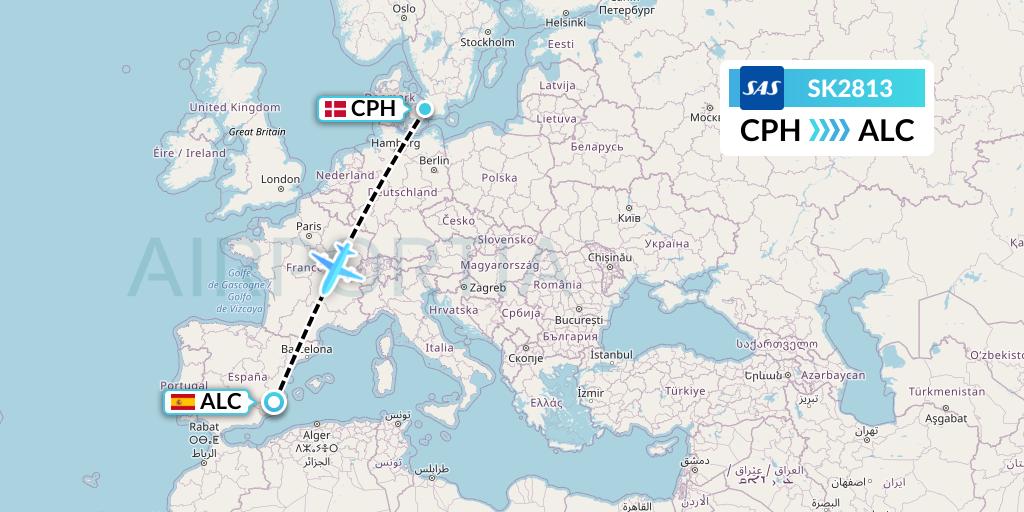 SK2813 SAS Flight Map: Copenhagen to Alicante