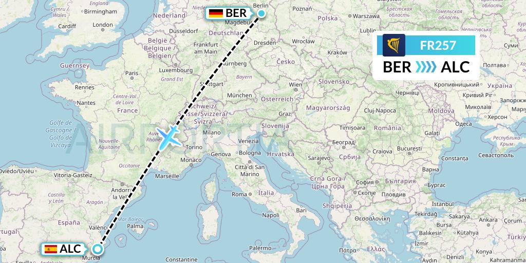 FR257 Ryanair Flight Map: Berlin to Alicante