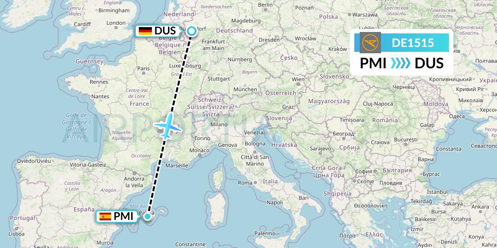 DE1515 Condor Flight Map: Palma de Mallorca to Dusseldorf