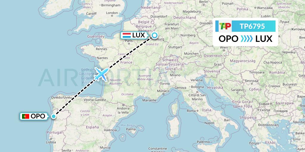 TP6795 TAP Portugal Flight Map: Porto to Luxembourg