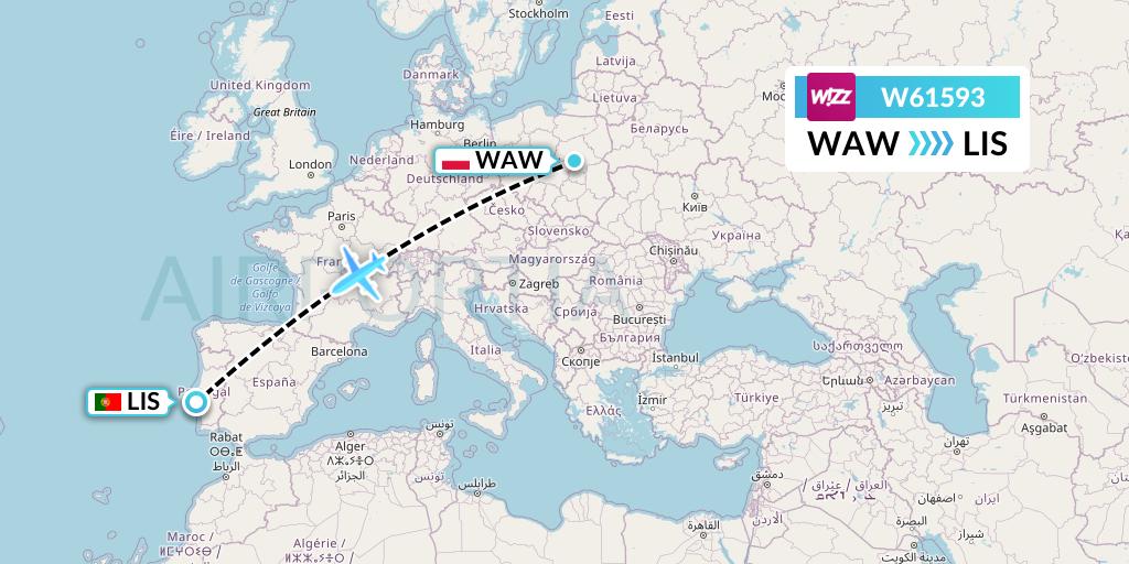 W61593 Wizz Air Flight Map: Warsaw to Lisbon