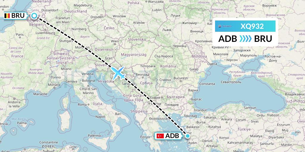 XQ932 SunExpress Flight Map: Izmir to Brussels