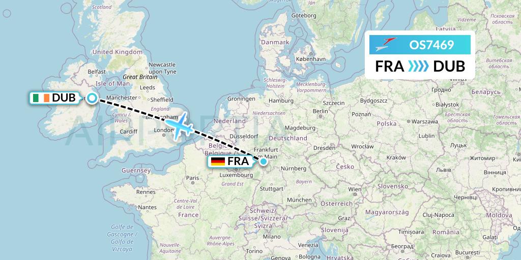 OS7469 Austrian Airlines Flight Map: Frankfurt to Dublin