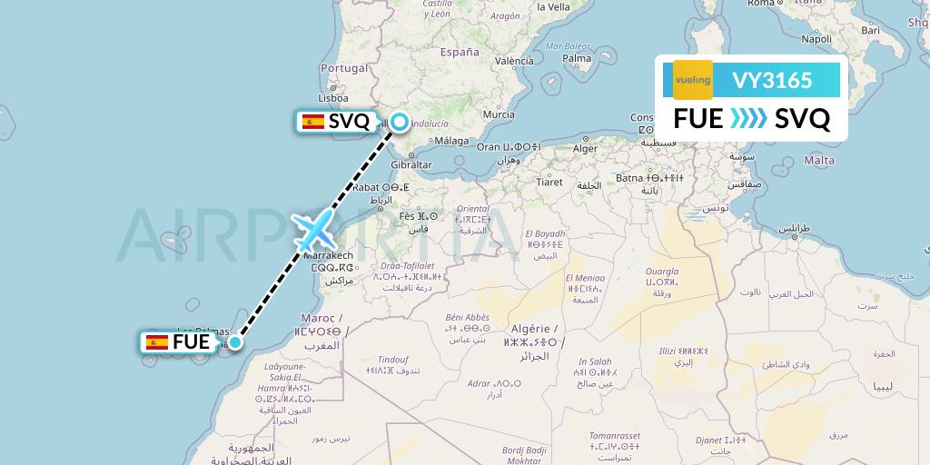 VY3165 Vueling Flight Map: Fuerteventura to Seville