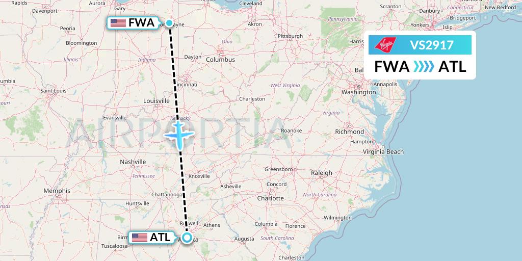 VS2917 Virgin Atlantic Airways Flight Map: Fort Wayne to Atlanta