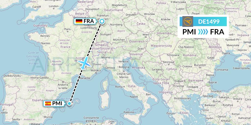 DE1499 Condor Flight Map: Palma de Mallorca to Frankfurt