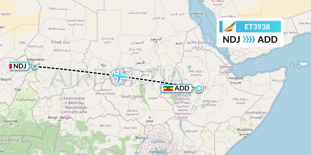 ET3938 Ethiopian Airlines Flight Map: N'Djamena to Addis Ababa