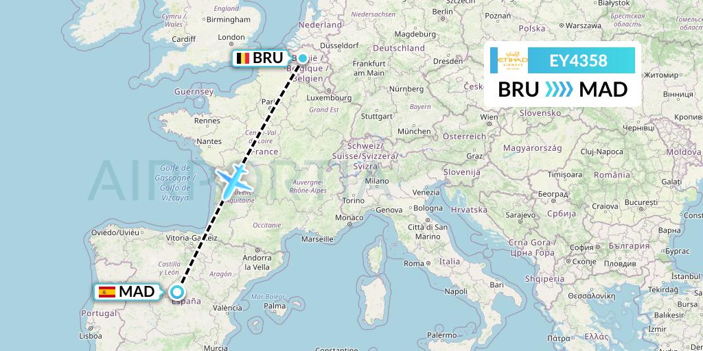 EY4358 Etihad Airways Flight Map: Brussels to Madrid