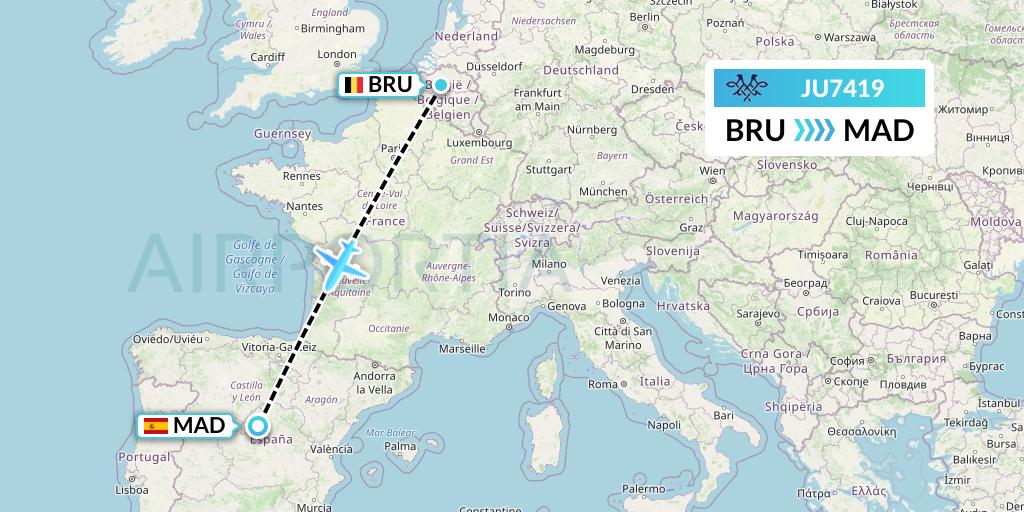 JU7419 AirSERBIA Flight Map: Brussels to Madrid