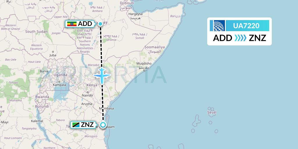UA7220 United Airlines Flight Map: Addis Ababa to Zanzibar