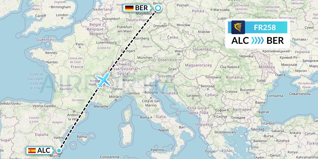 FR258 Ryanair Flight Map: Alicante to Berlin