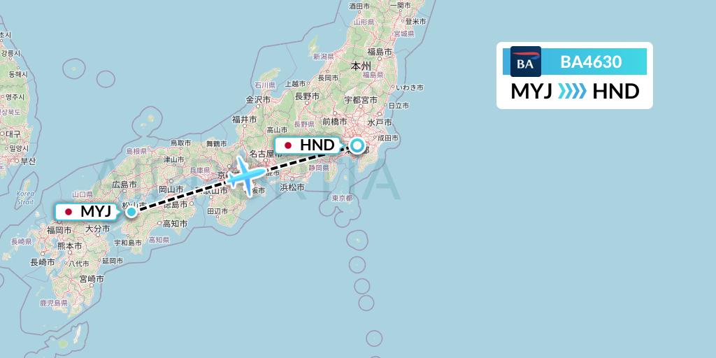 BA4630 British Airways Flight Map: Matsuyama to Tokyo