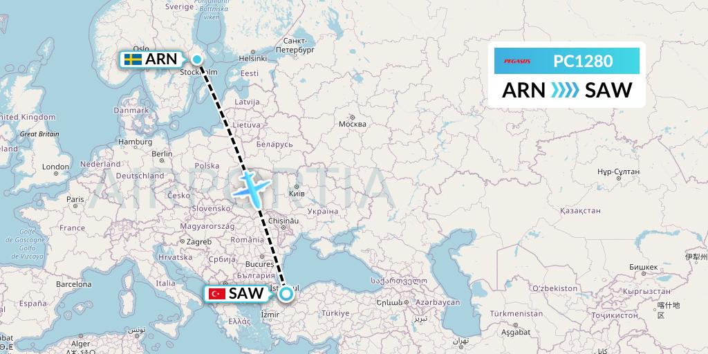 PC1280 Pegasus Airlines Flight Map: Stockholm to Istanbul