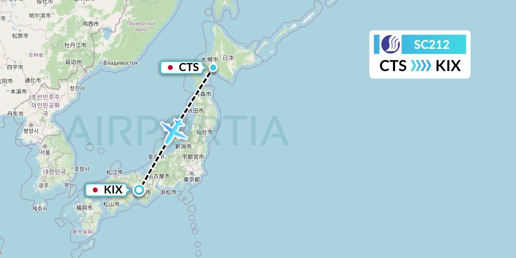 SC212 Shandong Airlines Flight Map: Sapporo to Osaka