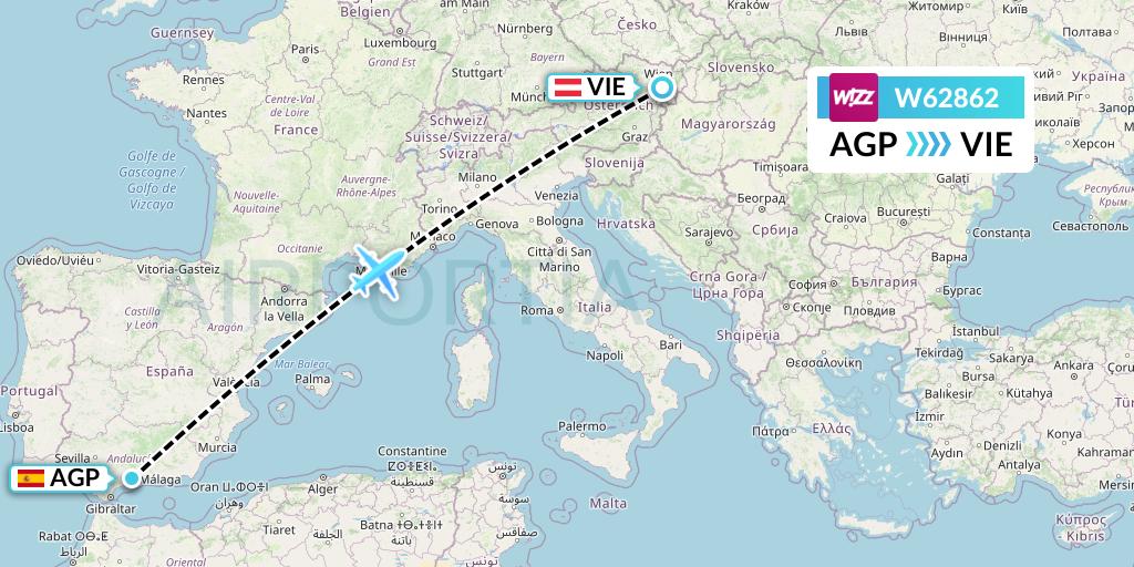 W62862 Wizz Air Flight Map: Malaga to Vienna