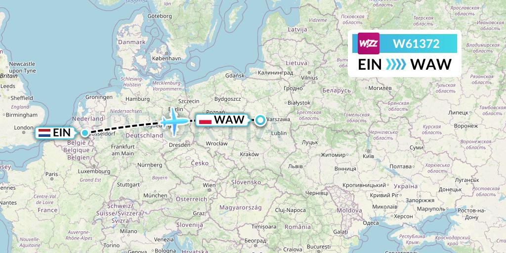 W61372 Wizz Air Flight Map: Eindhoven to Warsaw