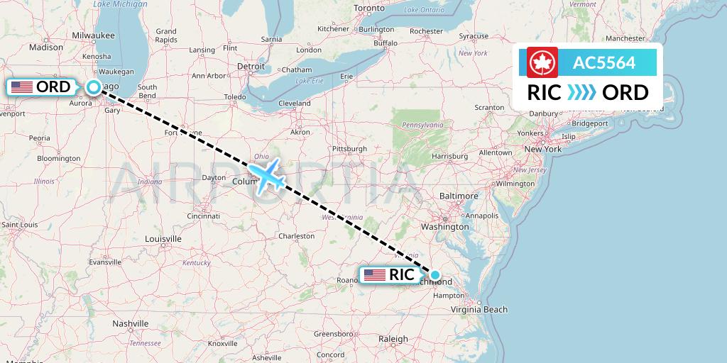 AC5564 Air Canada Flight Map: Richmond to Chicago