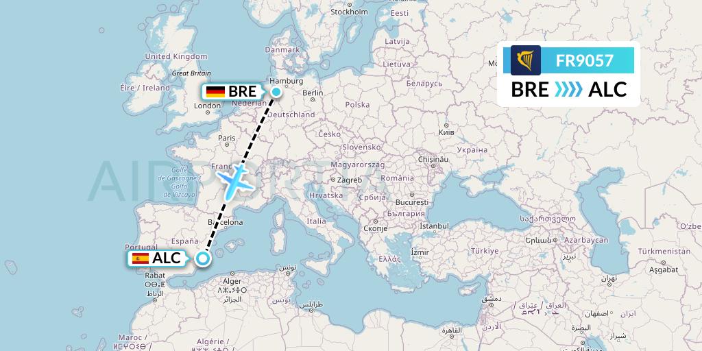 FR9057 Ryanair Flight Map: Bremen to Alicante