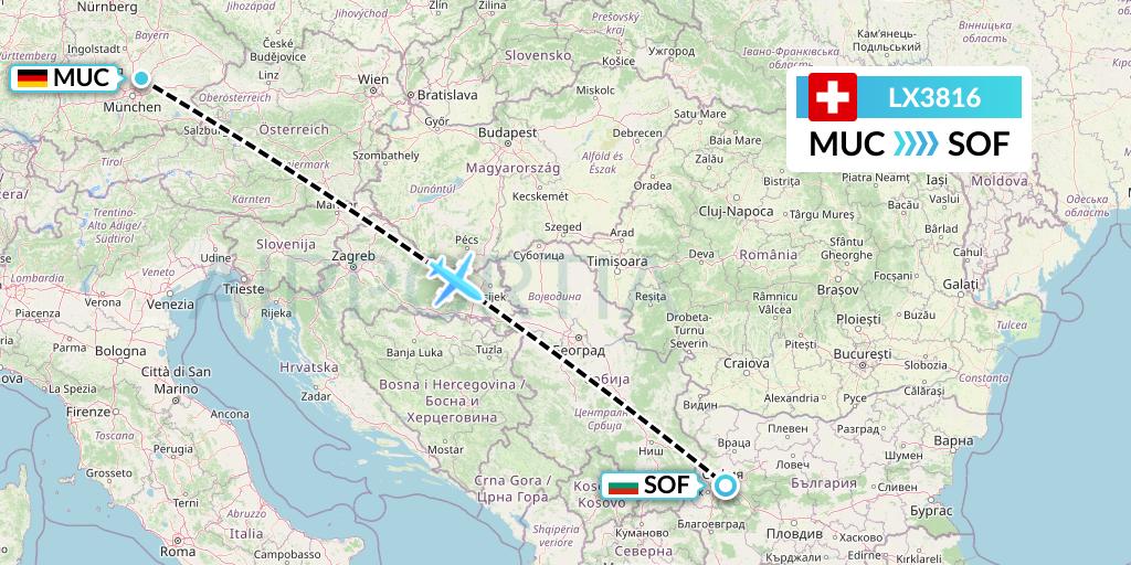 LX3816 Swiss Flight Map: Munich to Sofia