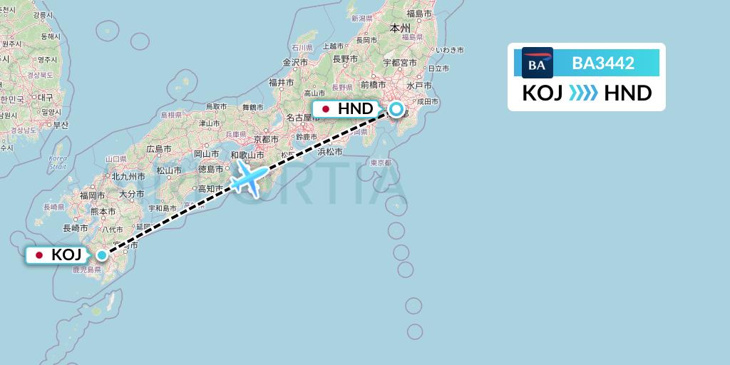 BA3442 British Airways Flight Map: Kagoshima to Tokyo