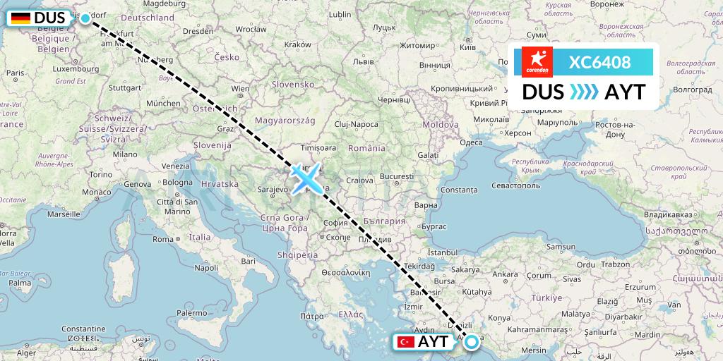 XC6408 Corendon Airlines Flight Map: Dusseldorf to Antalya