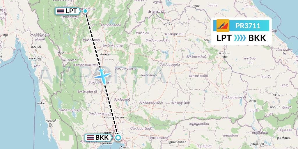 PR3711 Philippine Airlines Flight Map: Lampang to Bangkok