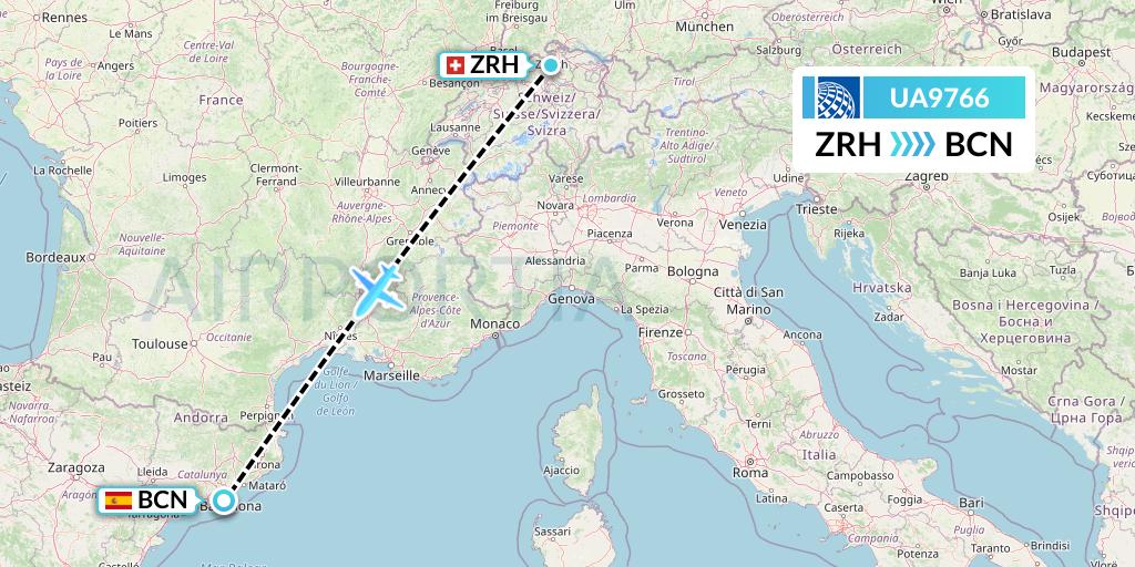 UA9766 United Airlines Flight Map: Zurich to Barcelona