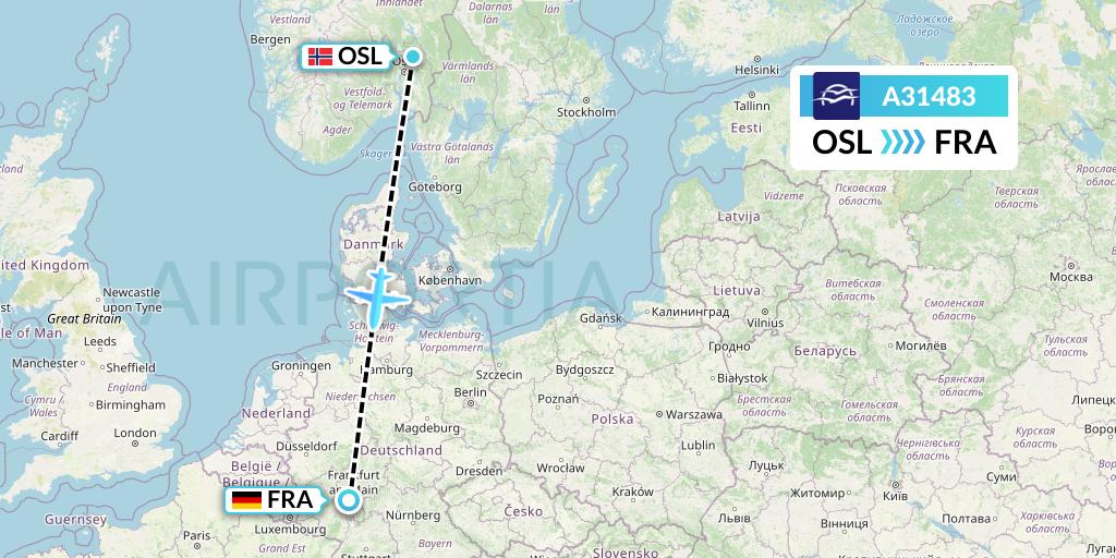 A31483 Aegean Airlines Flight Map: Oslo to Frankfurt