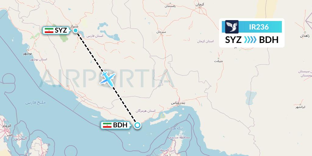 IR236 Iran Air Flight Map: Shiraz to Bandar Lengeh