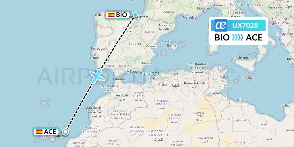 UX7028 Air Europa Flight Map: Bilbao to Lanzarote
