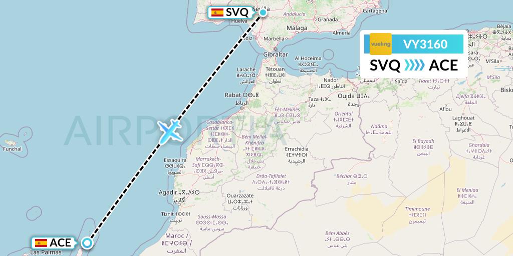 VY3160 Vueling Flight Map: Seville to Lanzarote